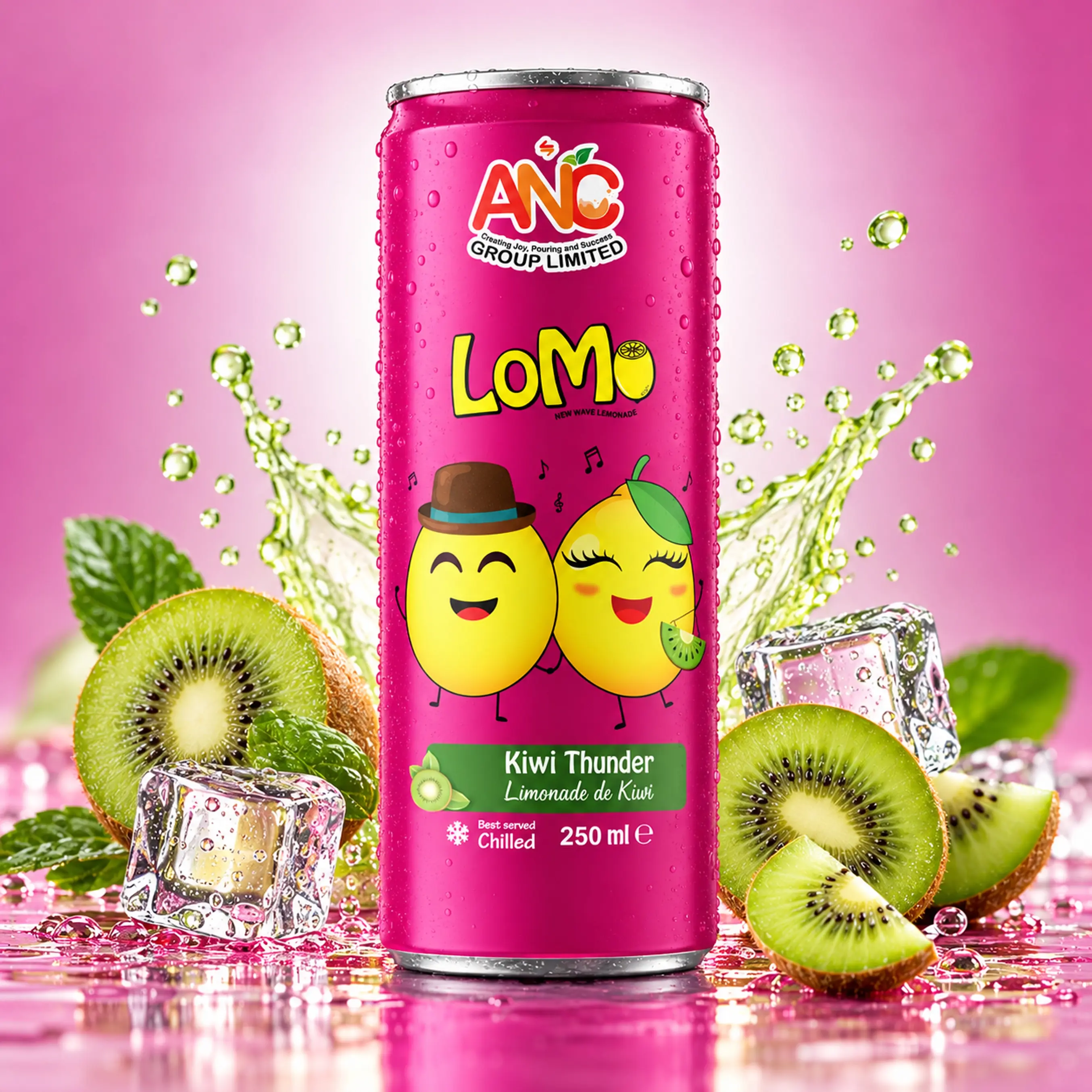 LOMO Kiwi Thunder 250ml lemonade can with fresh kiwi slices, green leaves, ice cubes and green splash.